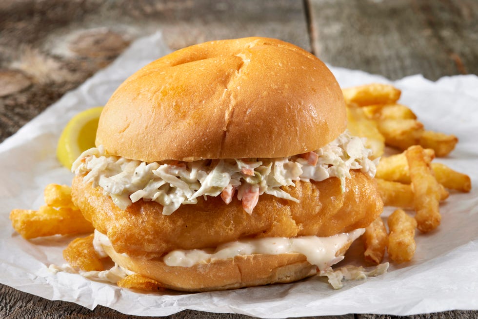 Beer battered fish burger and fries