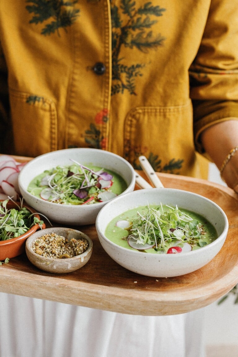 Spring pea gazpacho in a bowl