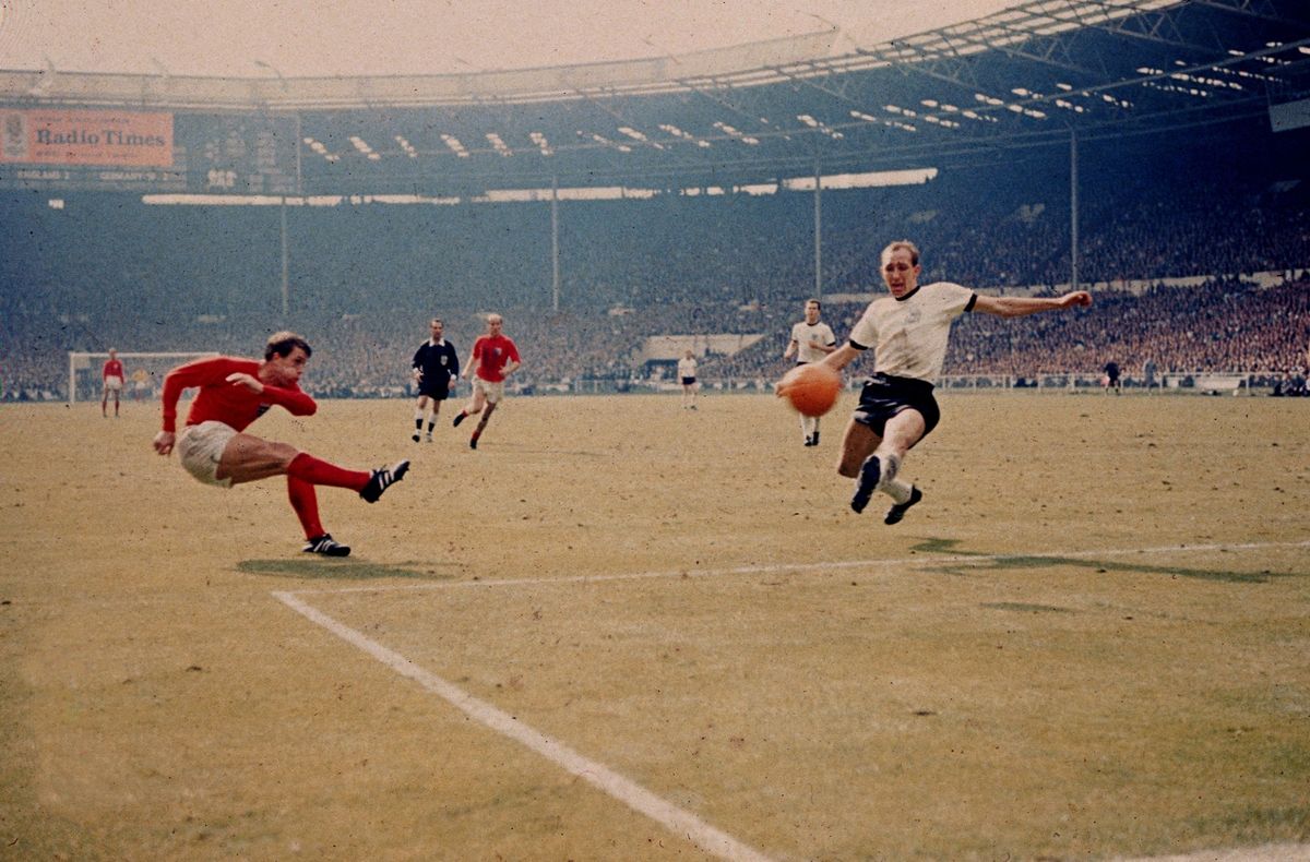 Geoff Hurst scores England's third goal against West Germany in the World Cup final