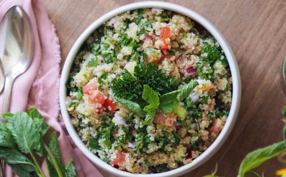 Quinoa tabouli with cucumber, tomato and parsley for a gluten-free lunch idea