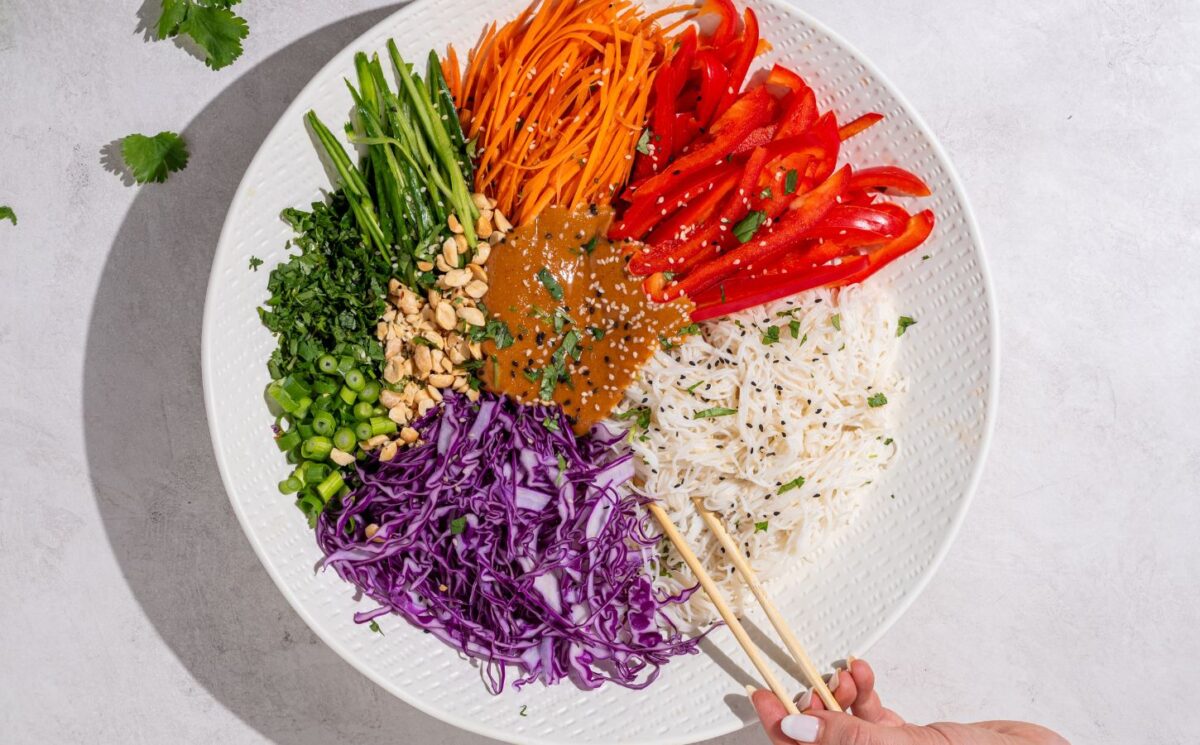 Beautiful spring roll salad with rice noodles and peanut dressing