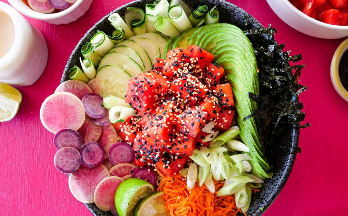 Photo of a vibrant vegan watermelon poke bowl