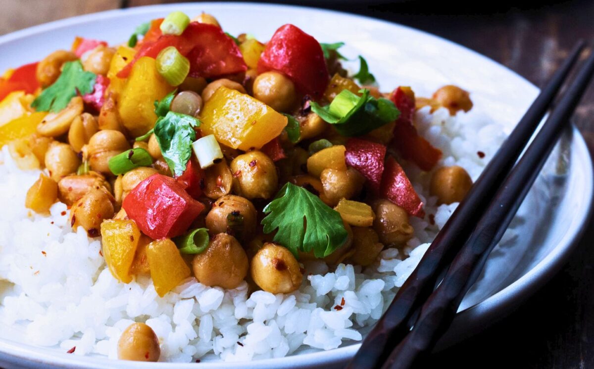 Gluten-free kung pao chickpeas with sweet and sour sauce
