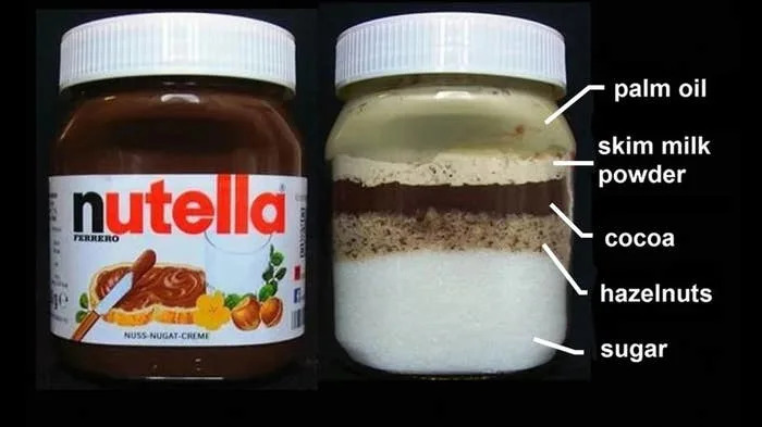 There are two jars of Nutella, but the one on the right shows the components of palm oil, skim milk powder, cocoa, hazelnuts, and sugar unmixed in layers.