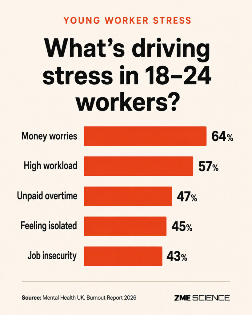 Infographic showing the main causes of stress for young workers aged 18-24