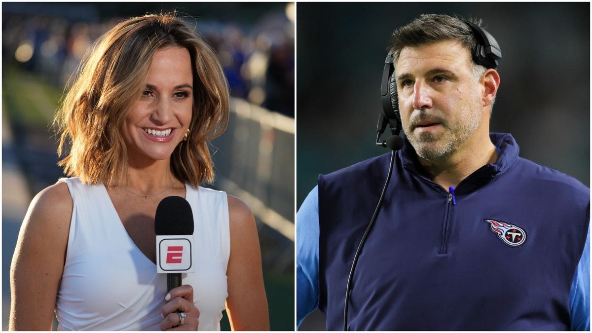 Split image of Deanna Russini on the left holding an ESPN microphone and Mike Vrabel on the right wearing a headset and Titans gear on the sideline.