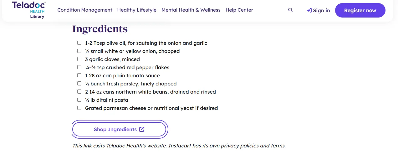 A screenshot of a recipe on the website.