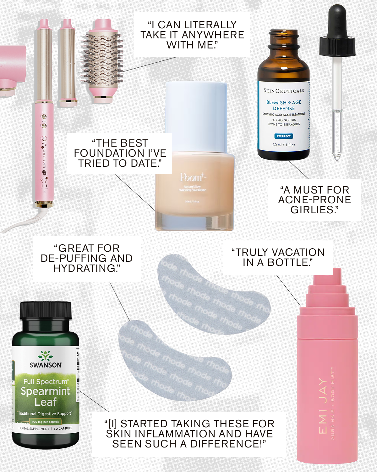 A collage of beauty products and short quotes referring to each one.
