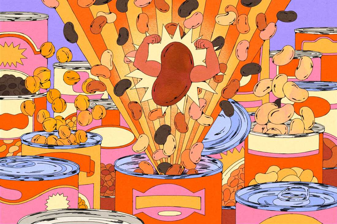 In this illustration, a giant green bean flexes its arms against the backdrop of a bean can with different types of beans exploding out of the top.